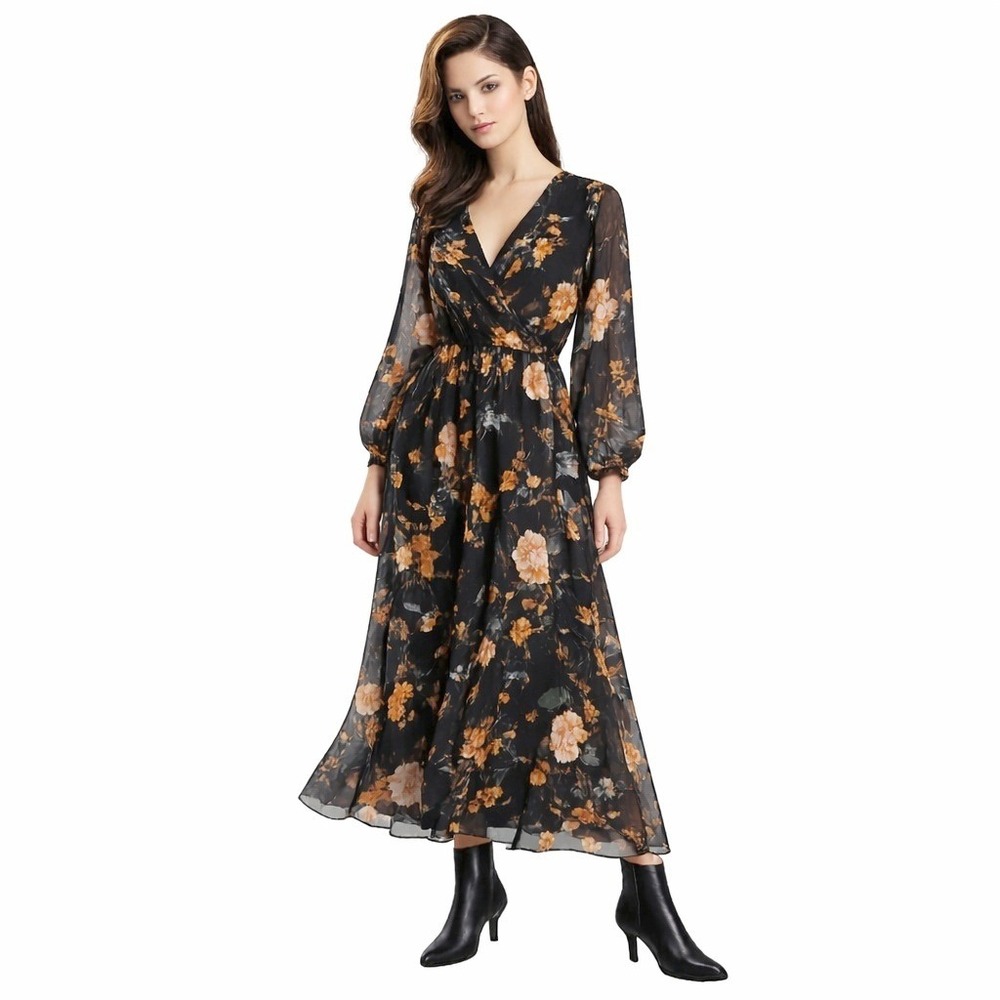 Indigo Rose Black Floral Chiffon‎ Maxi Dress M Gothic Romantic 55" Long